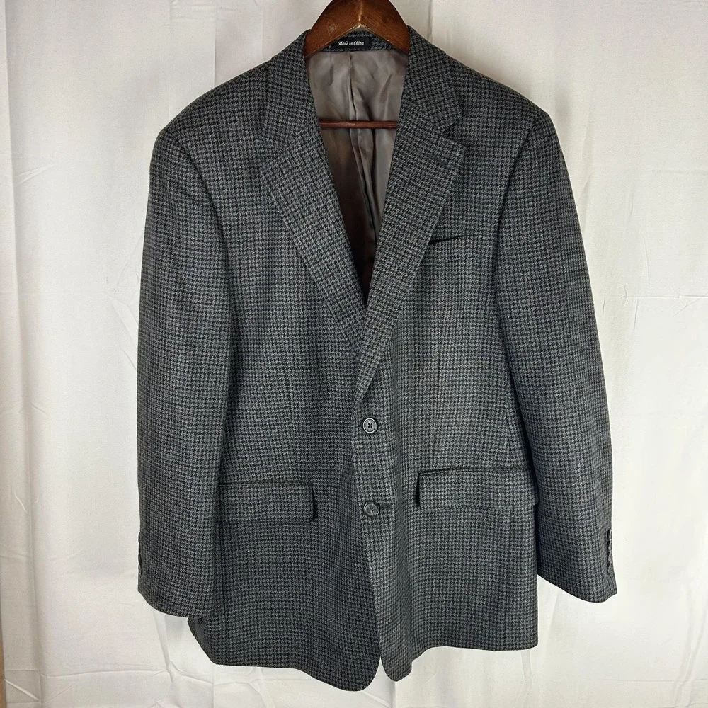 Chaps Blazer Mens 42R Gray Blue Wool Houndstooth Sport Coat Two‎ Button